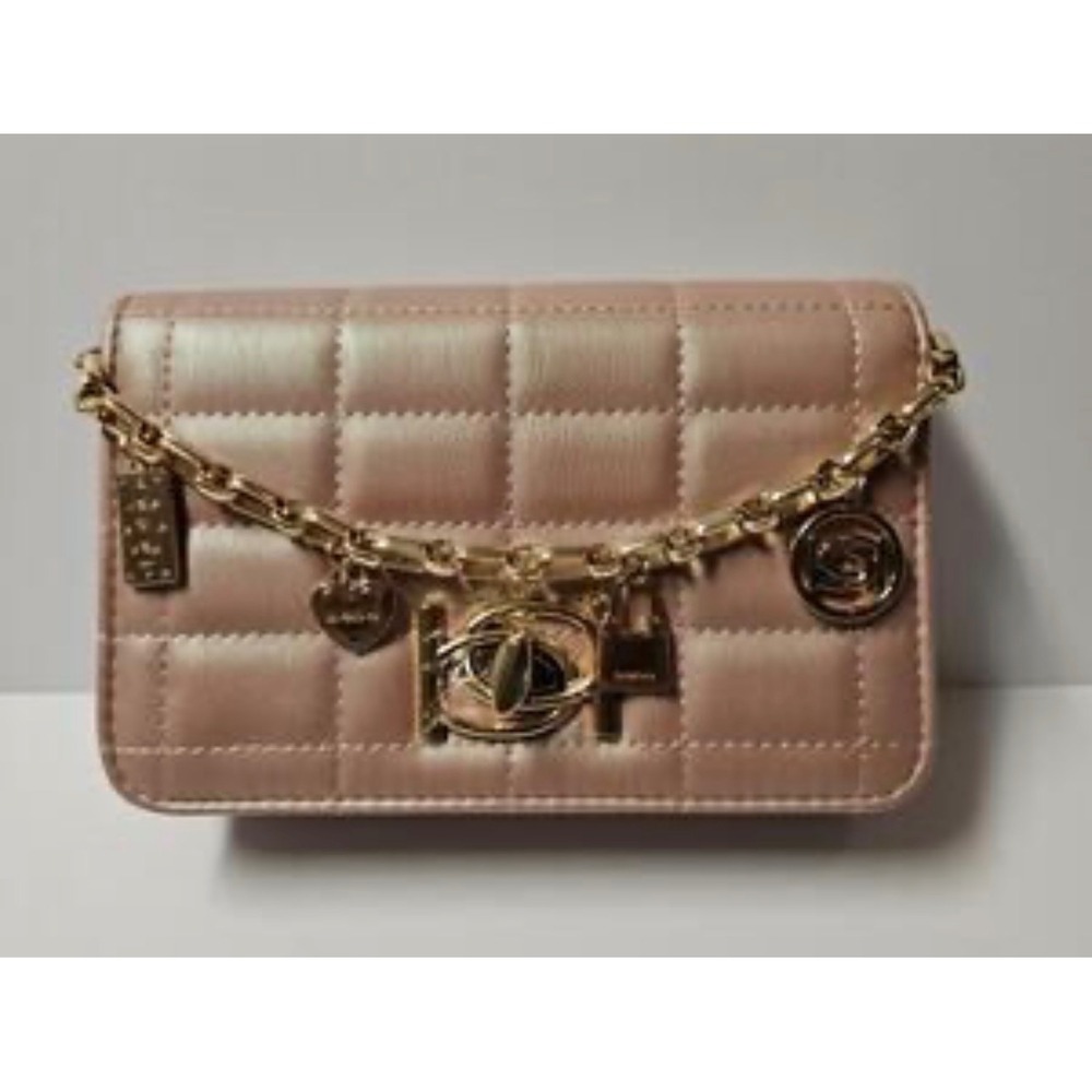 Bebe Quilted Crossbody Bag Blush Pink Gold Chain Charms Turn Lock NEW